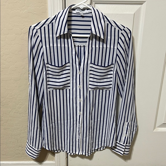 Express Portofino Navy and White Striped Button Down Shirt - Picture 3 of 8